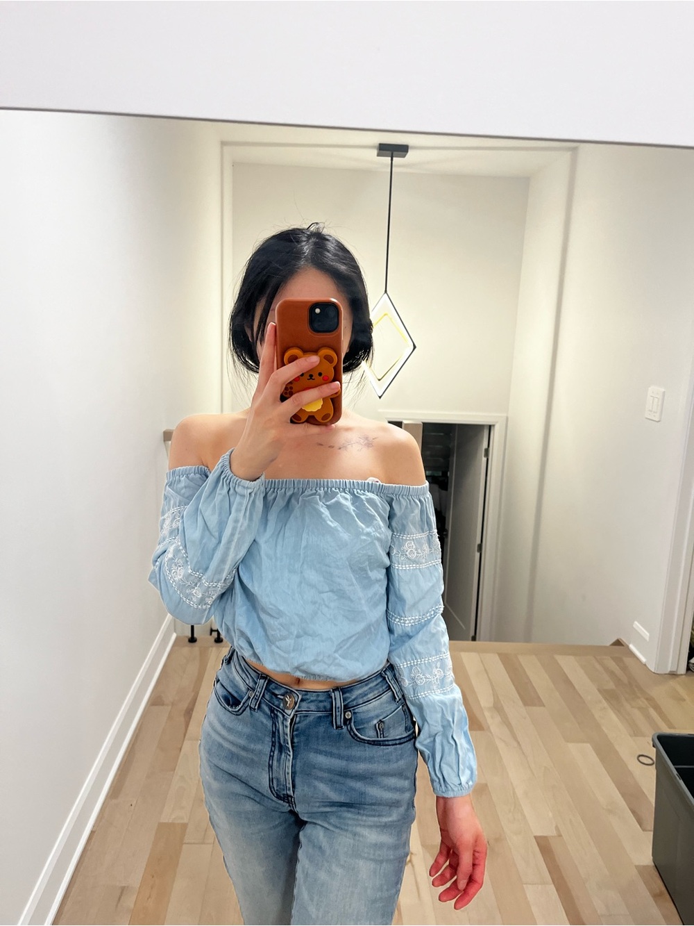 Guess Light Blue Off-Shoulder Embroidered Blouse